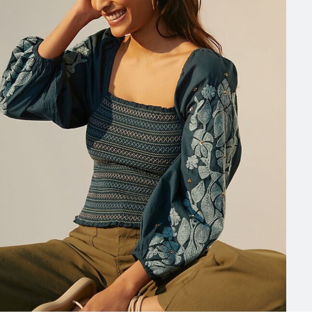 Anthropologie smocked embroidered blouse